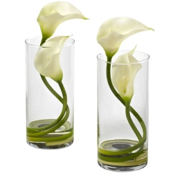 Nearly Natural Double Calla Lily 10-1/2"H Artificial Floral Arrangements With Cylinder Vase, 10-1/2"H x 4-1/4"W x 3-1/2"D, Cream, Set Of 2