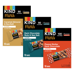 KIND Minis Variety Pack, Dark Chocolate Nuts & Sea Salt/Caramel Almond Sea Salt/Peanut Butter Dark Chocolate, 1.4 Oz, Pack Of 30 Bars