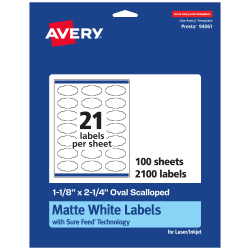 Avery® Permanent Labels With Sure Feed®, 94061-WMP100, Oval Scalloped, 1-1/8" x 2-1/4", White, Pack Of 2,100