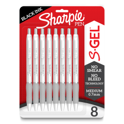 Sharpie® S-Gel Fashion Barrel Gel Pens, Medium Point, 0.7 mm, White Barrels/Black Ink, Pack Of 8 Pens