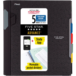 Five Star® Advance Wirebound Notebook, 8-1/2" x 11-3/4", 5 Subject, College Ruled, 200 Pages (100 Sheets), Assorted Colors