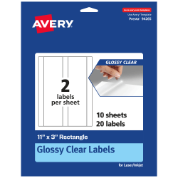 Avery® Glossy Permanent Labels, 94265-CGF10, Rectangle, 11" x 3", Clear, Pack Of 20