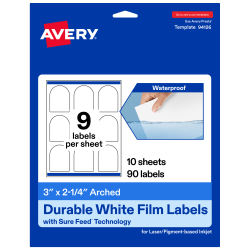 Avery® Waterproof Permanent Labels With Sure Feed®, 94126-WMF10, Arched, 3" x 2-1/4", White, Pack Of 90