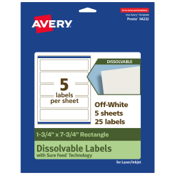 Avery® Print-to-the-Edge Dissolvable Labels With Sure Feed® Technology, 94232-DWMP5, Rectangle, 1-3/4"x7-3/4", Matte Off-White, Pack Of 25