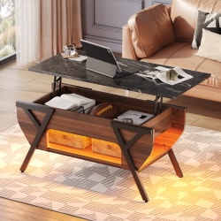 Bestier Lift-Top Coffee Table with LED Light, 25-1/4"H x 41-3/4"W x 19-3/4"D, Walnut