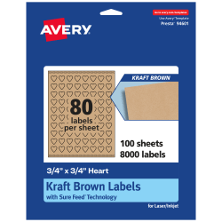 Avery® Kraft Permanent Labels With Sure Feed®, 94601-KMP100, Heart, 3/4" x 3/4", Brown, Pack Of 8,000