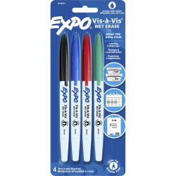 EXPO® Vis-A-Vis Wet-Erase Markers, Fine Point, White Barrels, Assorted Ink Colors, Pack Of 4 Markers