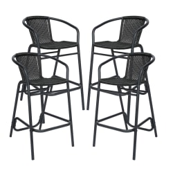 Flash Furniture Lila Set of 4 Commercial Grade Indoor-Outdoor PE Rattan Restaurant Barstools with Aluminum Frames and Footrests, Black
