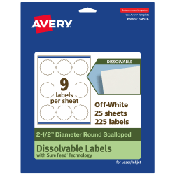 Avery® Print-to-the-Edge Dissolvable Labels With Sure Feed® Technology, 94516-DWMP25, Round Scalloped, 2-1/2", Matte Off-White, Pack Of 225
