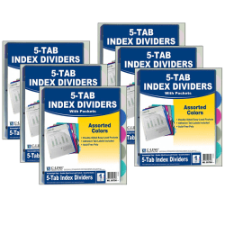 C-Line 5-Tab Poly Index Dividers With Slant Pocket, 8-1/2" x 11", Assorted, 5 Dividers Per Pack, Set Of 6 Packs