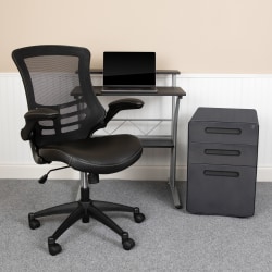 Flash Furniture Work From Home Desk And Chair Set With Computer Desk, Ergonomic Mesh/LeatherSoft Office Chair And Locking Mobile Filing Cabinet, Black