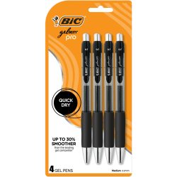 BIC Gelocity Pro Gel Pen, Retractable, Medium Point 0.7MM, Clear Barrel, Black Ink, Pack Of 4