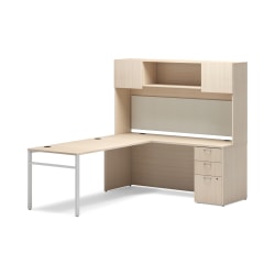 HON Mod Executive Workstation With Hutch And BBF Pedestal, Desert Oak/Cool Neutral Fabric/Silver