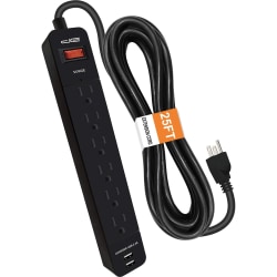 Digital Energy World 6-Outlet Surge Protector Power Strip with 2 USB Ports and 25-Foot Cord (Black) - ENR11008