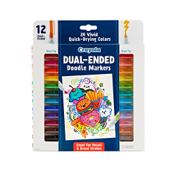 Crayola® Doodle & Draw Dual-Ended Doodle Markers, Brush Tip/Chisel Tip, White Barrel, Assorted Ink Colors, Pack Of 12 Markers