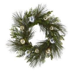 Nearly Natural 26"H Sparkling Pine Christmas Wreath With Decorative Ornaments, 26" x 5", Green
