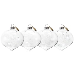 Martha Stewart Holiday Pointy Glass Ball Ornament Set, Etched Snowflake, 3-1/2"H x 3-1/4"W x 3-1/4"D, Clear, Set Of 4 Ornaments