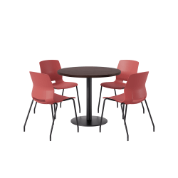 KFI Studios Midtown Pedestal Round Standard Height Table Set With Imme Armless Chairs, 31-3/4"H x 22"W x 19-3/4"D, Cafelle Top/Black Base/Coral Chairs