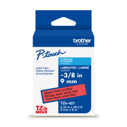 Brother P-touch TZe421, Laminated, 3/8" x 26.2 ft (9mm x 8m), Black on Red Label Tape