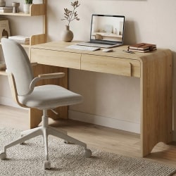 Bestier Executive Computer Desk with Arched Details and 2 Large Storage Drawers,Natural Oak