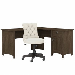 Bush Furniture Salinas 60"W L-Shaped Desk With Mid-Back Tufted Office Chair, Ash Brown, Standard Delivery