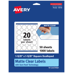 Avery® Permanent Labels With Sure Feed®, 94110-CMF50, Square Scalloped, 1-5/8" x 1-5/8", Matte Clear, Pack Of 1,000