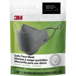 3M Daily Face Masks - Recommended for: Face, Indoor, Outdoor, Office, Transportation - Reusable, 2-ply, Lightweight, Breathable, Adjustable, Elastic Loop, Nose Clip, Comfortable, Washable - Cotton, Fabric - Gray - 5 / Pack