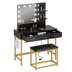 Bestier Vanity Desk Set With Cushioned Stool, 53-7/16"H x 39-3/8"W x 18-5/16"D, Black/Gold