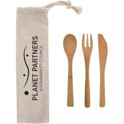 Custom 3-Piece Bamboo Utensil Set With Travel Pouch, 10" x 2-3/4"