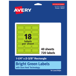 Avery® Print-To-The-Edge Labels With Sure Feed® Technology And Easy Peel® Label Feature, 94227-BGP40, Rectangle, 1-1/4" x 2-3/8", Matte Bright Green, Pack of 720