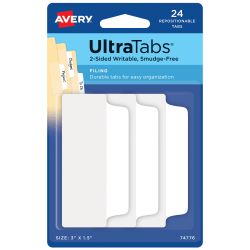 Avery® Filing Ultra Tabs®, 3" x 1.5", 24 Repositionable File Tabs, 2-Side Writable, White