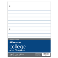 Office Depot® Brand Notebook Filler Paper, College-Ruled, 8 1/2" x 11", 3-Hole Punched, White, Pack Of 150 Sheets