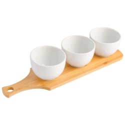 Gibson Gracious Dining 3-Piece Fine Ceramic Tidbit Bowl Set With Bamboo Serving Tray, 17-1/4" x 5-1/4" x 4-13/16", White