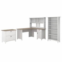 Bush® Furniture Salinas 60"W L Shaped Desk with Hutch, Lateral File Cabinet and 5 Shelf Bookcase, Shiplap Gray/Pure White, Standard Delivery