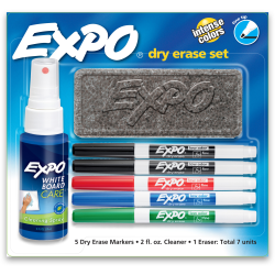 EXPO2® Low-Odor Dry-Erase Starter Kit, Fine-Point, 5 Markers, Black (2), Red, Blue, Green
