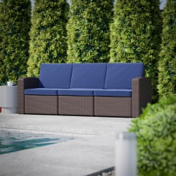 Flash Furniture Faux Rattan Outdoor Furniture Sofa With All Weather Cushions, 32"H x 78-1/2"W x 28"D, Navy/Chocolate Brown