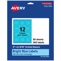 Avery® Print-To-The-Edge Labels With Sure Feed® Technology, 94124-BBP80, Arched Square, 2" x 2-3/16", Matte Bright Blue, Pack of 960