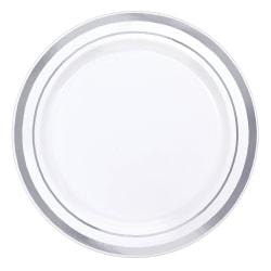 Amscan Trimmed Premium Plastic Plates, 6-1/4", White/Silver, Pack Of 40 Plates