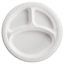 Chinet® Heavyweight Plastic 3-Compartment Plates, 10-1/4", White, 125 Plates Per Pack, Cart Of 4 Packs