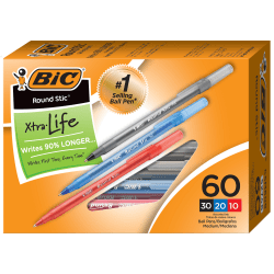 BIC Round Stic Xtra Life Ballpoint Pens, Medium Point, 1.0 mm, Assorted Colors, Pack Of 60 Pens