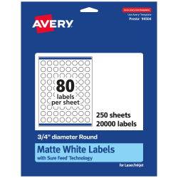 Avery® Permanent Labels With Sure Feed®, 94504-WMP250, Round, 3/4" Diameter, White, Pack Of 20,000