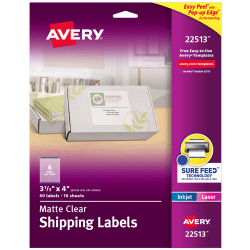 Avery® Matte Shipping Labels With Sure Feed® Technology, 22513, Rectangle, 3-1/3" x 4", Clear, Pack Of 60
