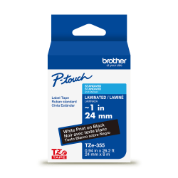 Brother P-Touch TZe355, Laminated, ~1in x 26.2ft (24mm x 8m), White on Black Label Tape
