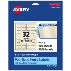 Avery® Pearlized Permanent Labels With Sure Feed®, 94219-PIP100, Rectangle, 1" x 1-1/2", Ivory, Pack Of 3,200 Labels