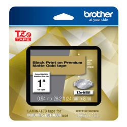 Brother TZE Premium Matte Laminated Tape, 0.94" x 26.2', Black/Gold