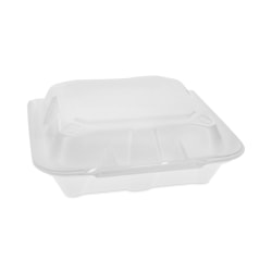 Pactiv Evergreen Vented Foam Hinged Lid Containers, Dual Tab Lock Economy, 3"H x 8-7/16"W x 8-3/16"D, White, Carton Of 150 Containers