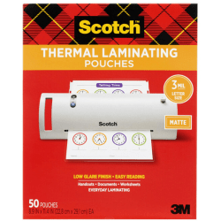 Scotch Thermal Laminating Pouches, 8-15/16" x 11-7/16", Matte, Clear, 50 Laminating Pouches