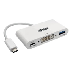 Tripp Lite USB C to DVI Multiport Video Adapter Converter w/ USB-A Hub & USB-C PD Charging Port, Thunderbolt 3 Compatible USB Type C to DVI, USB Type-C - External video adapter - USB-C 3.1 - DVI - white