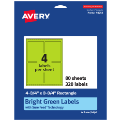 Avery® Print-To-The-Edge Labels With Sure Feed® Technology And Easy Peel® Label Feature, 94254-BGP80, Rectangle, 4-3/4" x 3-3/4", Matte Bright Green, Pack of 320