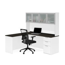 Bestar Pro-Concept Plus 72"W L-Shaped Desk With Pedestal And Frosted Glass-Door Hutch, White/Deep Gray